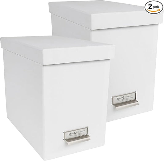 Bigso John Fiberboard Label Frame Desktop File Storage Box - Document Organizer for Important Paperwork - Durable Hanging File Box with Lid & Metal Label Window - 7.36 x 13.38 x 10.51 in - White - 2pk
