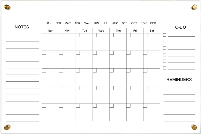 Clear Acrylic Calendar Dry Erase for Wall, Family Planner, Monthly Calendar Dry Erase Whiteboard for Home, Office, 24" x 16" Reusable White Board（YL-4060）