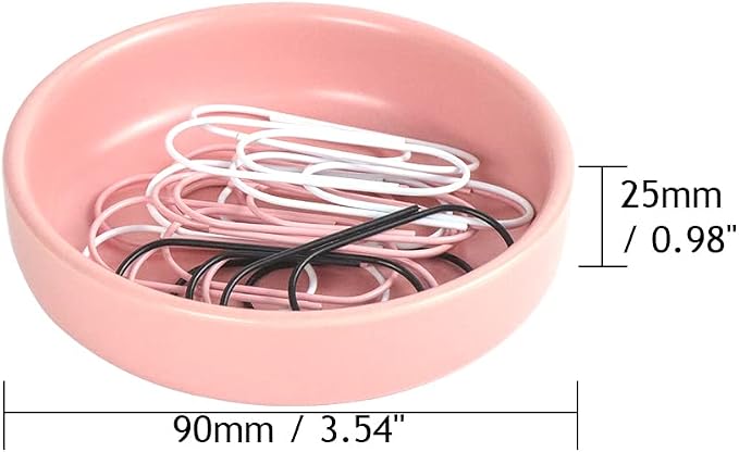 MEI YI TIAN Small Ceramic Paperclip Holder for Desk, Round Paper Clip Holder Push Pin Organizer Macaron Pink Paper Clip Dispenser Desktop Organizer Cute Storage Plate Desk Accessories