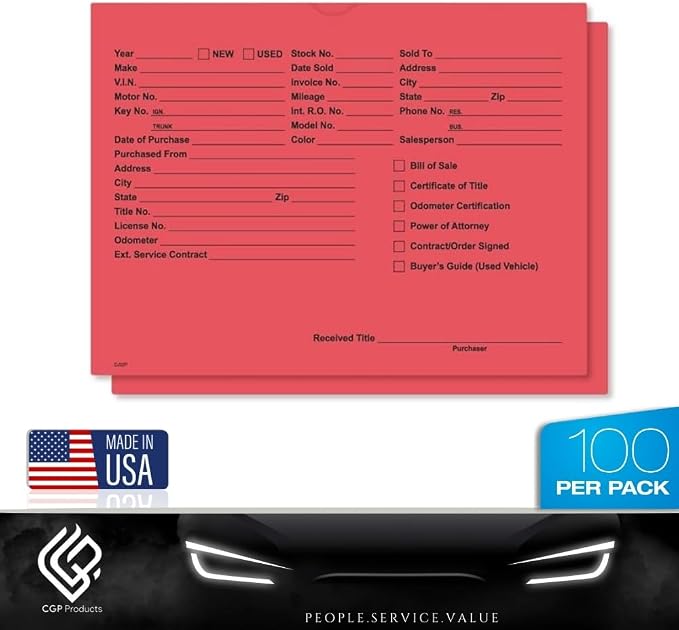 Printed Vehicle Deal Jackets Envelopes Folders for Auto Car Dealerships - 9x12 Size - Dealer Supplies - New and Used Cars - 100 Quantity (Red)