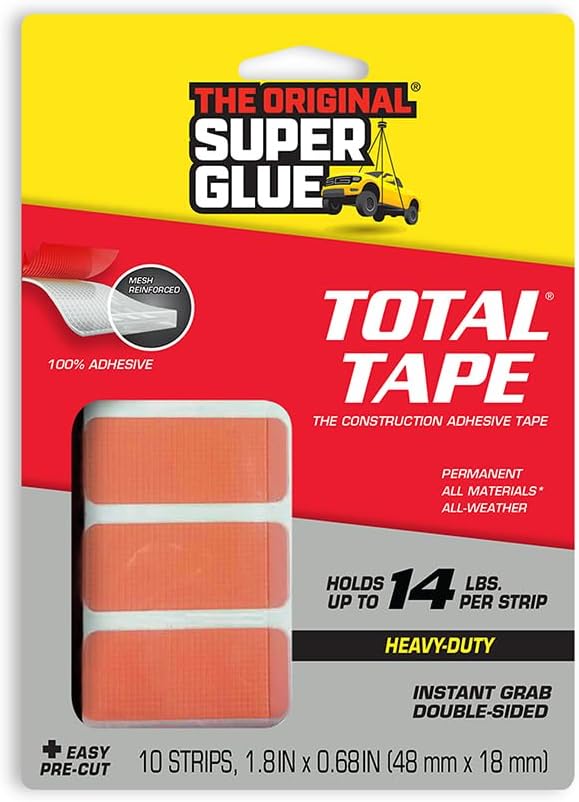 Super Glue, Total Tape Roll, Strong Indoor & Outdoor Construction Adhesive, Holds 300 lbs. per Roll, Permanent Bonding, All-Weather, Mesh Reinforced, Easy-to-Use Double-Sided Tape (Strip)