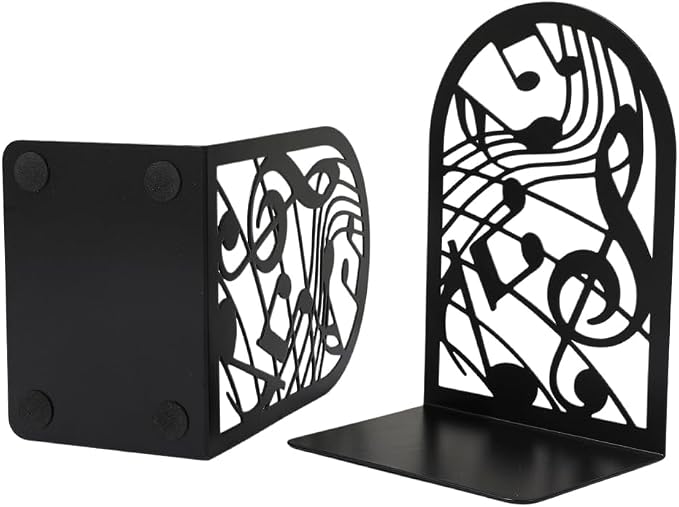 Book Ends, Bookends, Book Ends for Shelves, 2Pair Non Skid Metal Book Divider Decorative Holder, Abstract Art Desgin Book Stopper Supports for Office, Home (Music Note)