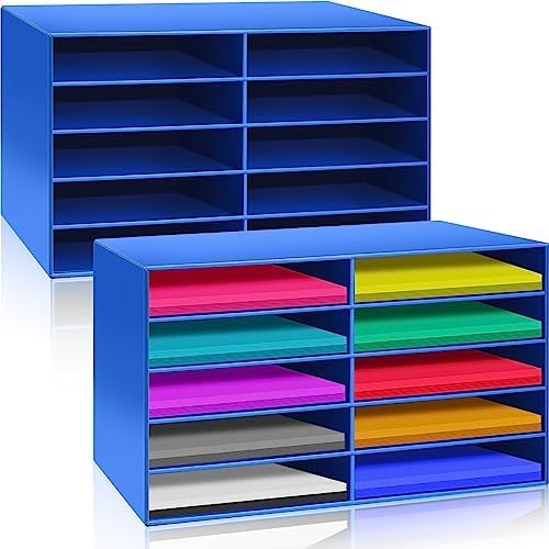 Fuutreo 2 Pcs Construction Paper Storage, Classroom Mailboxe, Back to School Literature Sorter, Sturdy Cardboard Paper Organizer for Teacher, Student, Office, 29.5" x 14.2" x 12.4"(10 Slots,Blue)