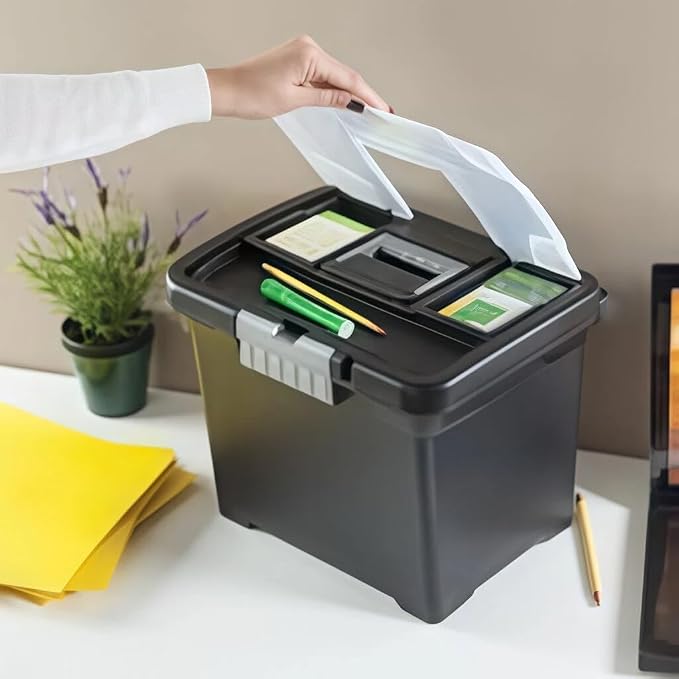 Lockable File Box, Stackable Document Organizer with Handle, Black | Portable structure, perfect for sorting papers and files in indoor storage spaces