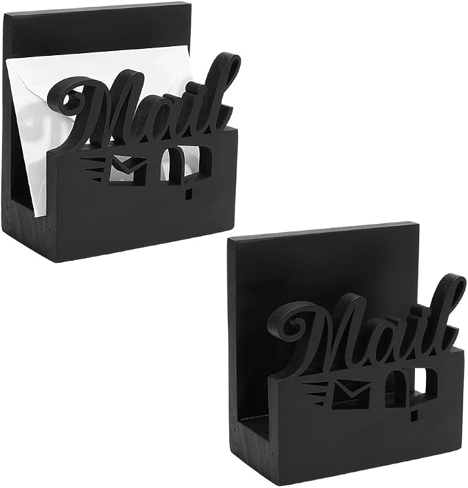 PH PandaHall 2pcs Wooden Mail Holder Desktop Mail Organizer Countertop Letter Sorter Envelope Holder Document File Storage Rack for Desk Office Home School Bills Notes Postcard Organization, Black