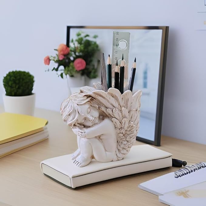 Angel Figurine Pen Holder - Cute Desk Organizer & Decorative Pencil Cup, Unique Office Desk Accessories for Women Gift(White Resin)