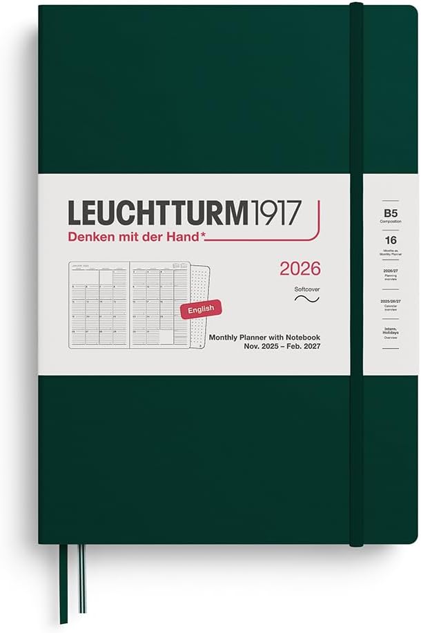 LEUCHTTURM1917 - Monthly Planner & Notebook 2026, Softcover, Composition (B5), Ruled, Forest Green (Nov 1, 2025 - Feb 28, 2027)