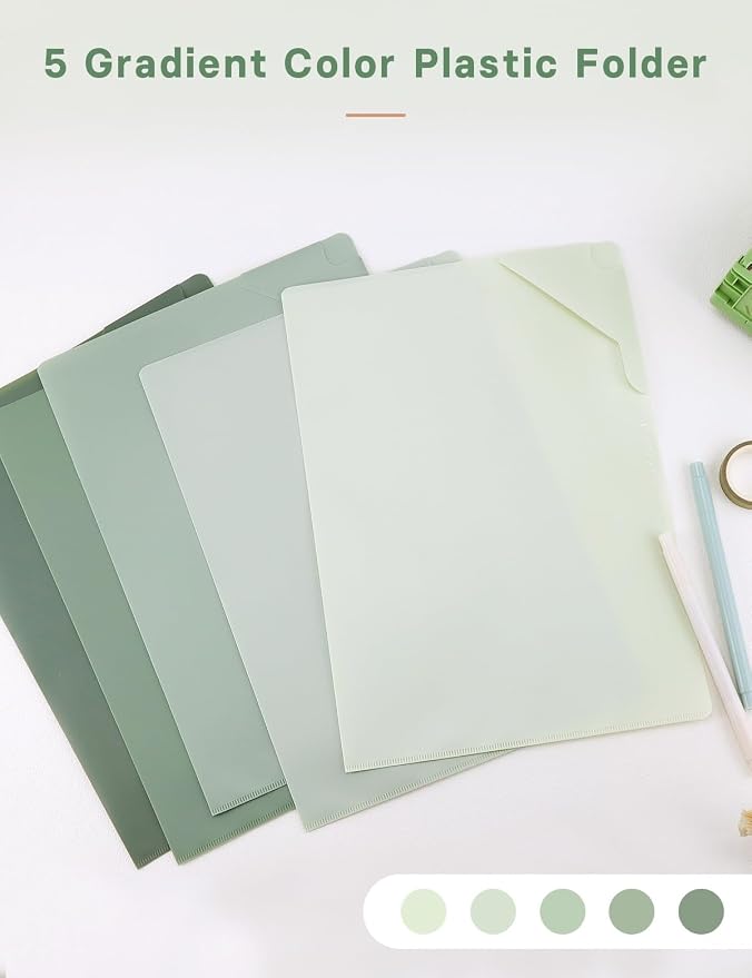 Plastic Folders Sleeves, Gradient Colors Plastic Project Pockets for Paper 11.9 × 8.5 Inches, Transparent Document Folders for School and Office Supplies (5 Pcs, Green)