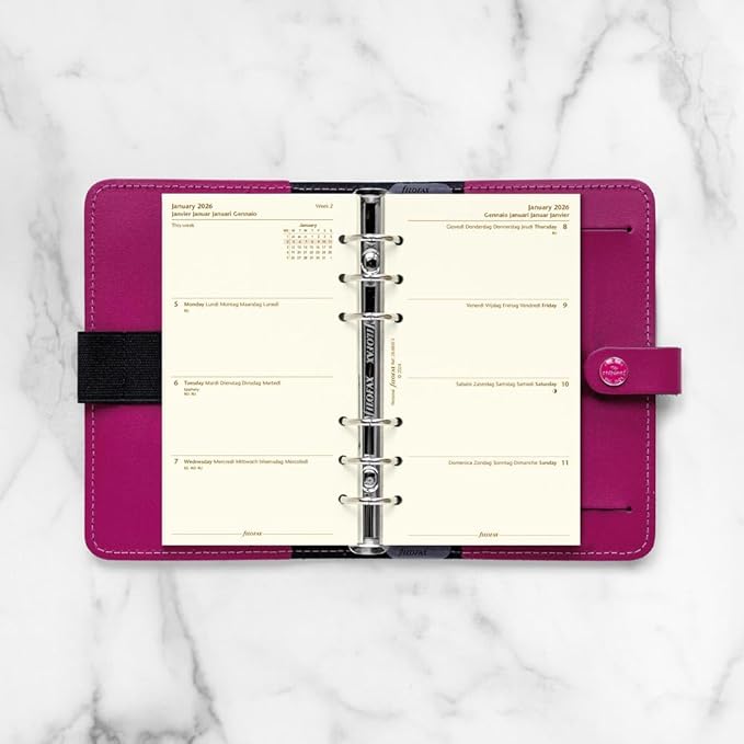 Filofax Calendar Diary Refill, Personal/Compact Size, Week-to-View, Cotton Cream Paper, Unruled, Multilingual: Five Languages, 2026 (C68413-26)