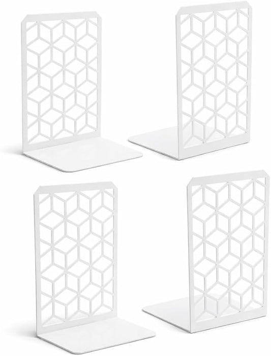 Geomod 3D Cube White Metal Bookends Decorative for Heavy Books - Sturdy Boho Book Stops - Minimal Book Shelf Stopper - Durable Office Bookends - Weighted Metal Book Holders - 7x4.75 Inches - 2 Pair