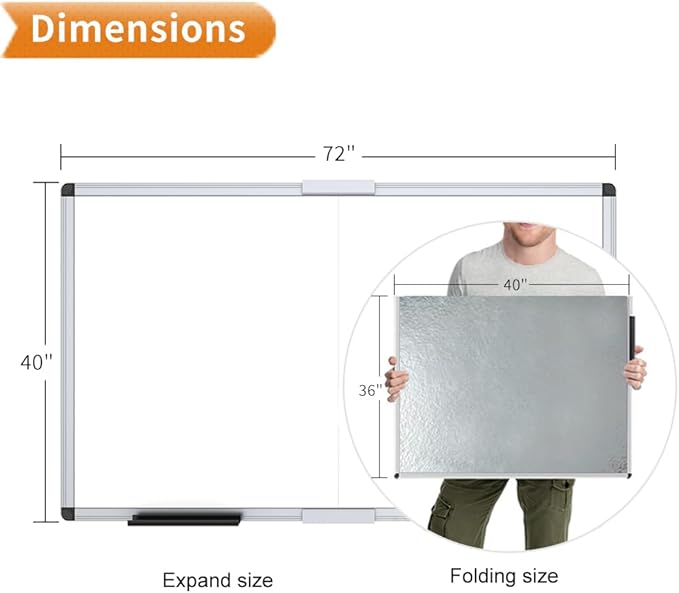VIZ-PRO Magnetic Dry Erase Board, 72 X 40 Inches, Foldable Wall-Mounted Whiteboard with Silver Aluminum Frame & Marker Tray for School Office and Home