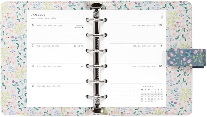 Filofax Meadow Organizer, Pocket Size, Blue - Smooth, Leather-Look, Six Rings, Week-to-View Calendar Diary, Multilingual, 2025 (C021702-25)