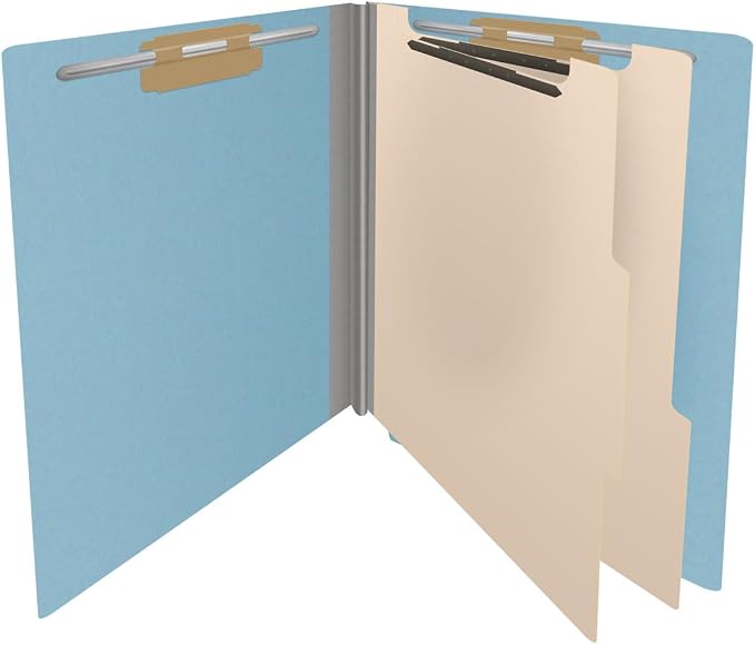 25 Pt. Pressboard Classification Folders, Full Cut End Tab, Letter Size, 2 Dividers, Light Blue (Box of 10)