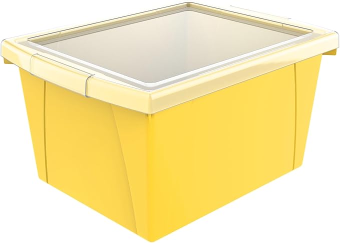 Storex 4 Gallon Storage Bin with Lid – Plastic Classroom Organizer for Books and Supplies, Yellow, 1-Pack (61410A06C)