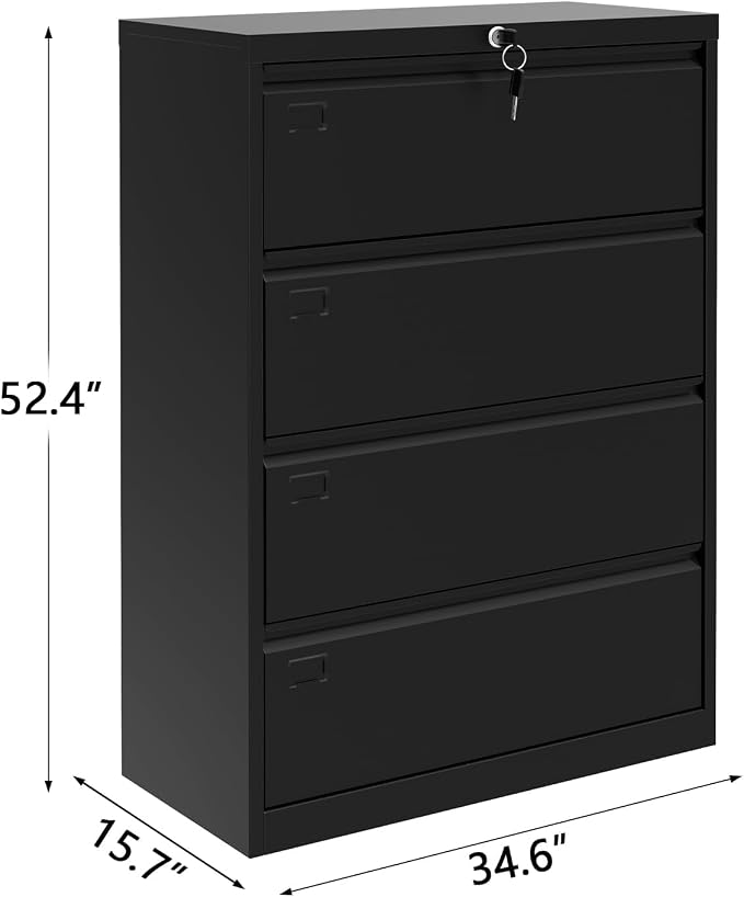 4-Drawer Lateral File Cabinet with Lock, Steel Filing Cabinet for Letter/Legal/a4, Space-Saving Office Storage Organizer, Smooth Full Extension Drawers, Easy Assembly, Black
