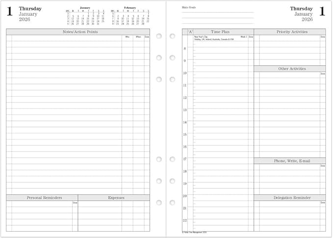 Filofax Calendar Diary Refill, A5 Size, One Day on Two Pages with Appointments, Time Management, White Paper, English, 2026 (CTM7031-26)