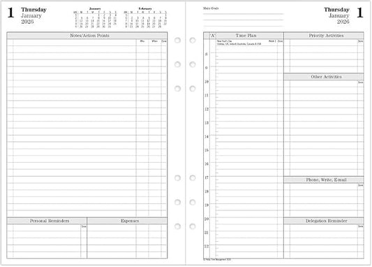 Filofax Calendar Diary Refill, A5 Size, One Day on Two Pages with Appointments, Time Management, White Paper, English, 2026 (CTM7031-26)
