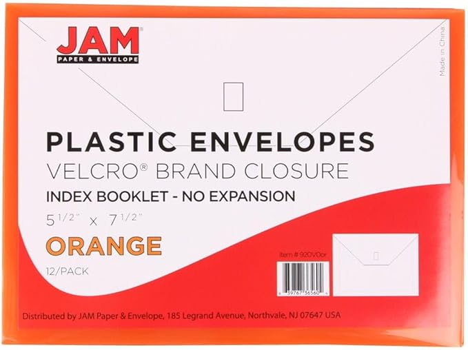 JAM PAPER Plastic Envelopes with Hook & Loop Closure - Index - 5 1/2 x 7 1/2 - Orange - 3/Pack