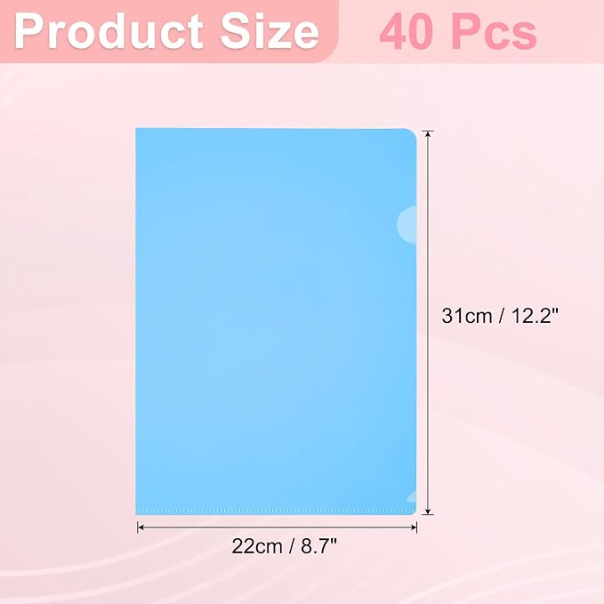 PATIKIL A4 Plastic Folders, 40 Pack Clear Folders L Type Project Pockets Paper Document Jacket Sleeves L Shaped Transparent for Documents Plastic Office File, 8.7x12.2in, Blue