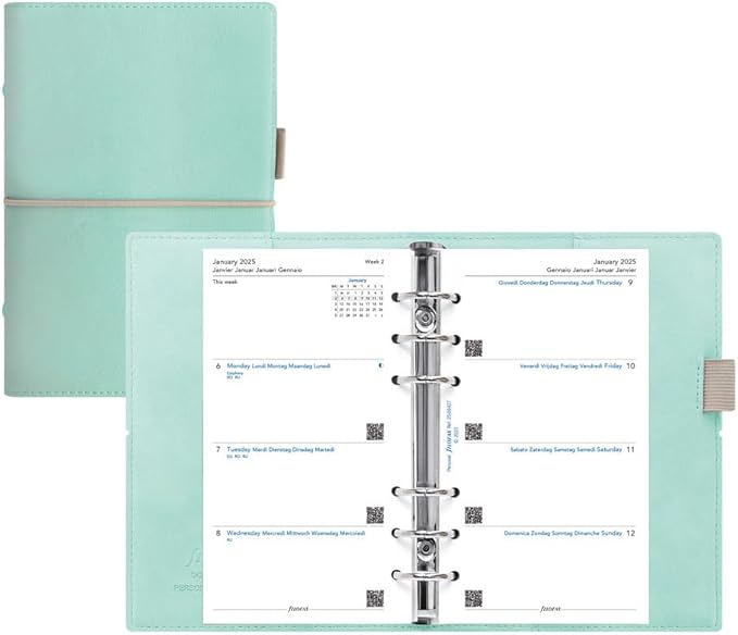 Filofax Domino Soft Organizer, Personal Size, Duck Egg - Smooth, Leather-Look, Grain Effect, Tactile, Six Rings, Week-to-View Calendar Diary, Multilingual, 2025 (C022579-25)