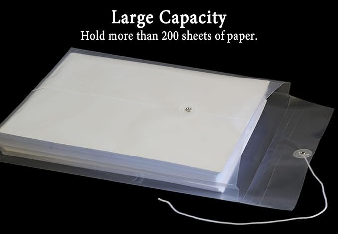 10 Pack Clear Plastic Envelopes, Reusable & Waterproof File Folders with String and Snap Button, Expansion File, for Documents School Home Work Office, Letter Size