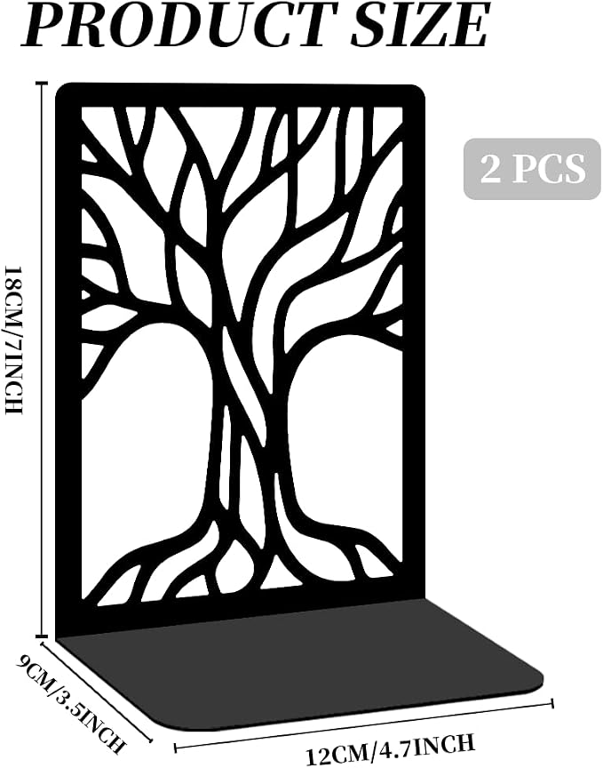 2 Pcs Black Bookends, Sturdy Metal Bookends for Shelves Decorative Book Organizer with Unique Tree Design for Home Library Office Desk