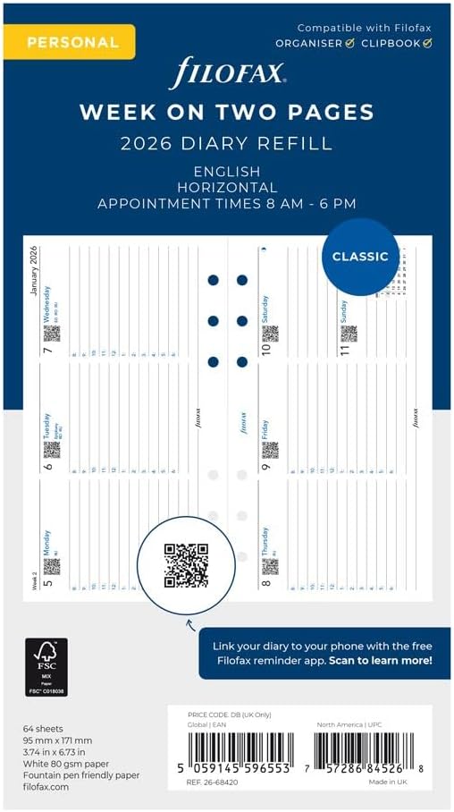 Filofax Calendar Diary Refill, Personal/Compact Size, Week-to-View with Appointments, Horizontal, White Paper, Ruled, English, 2026 (C68420-26)