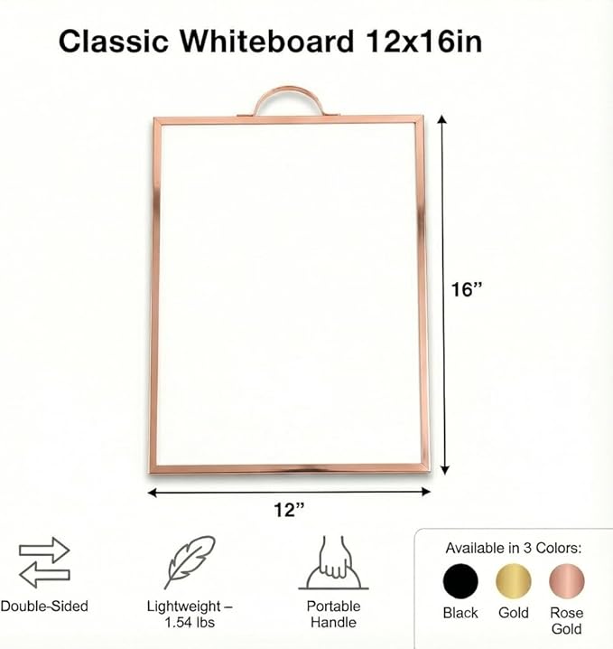 Rose Gold Magnetic Dry Erase Whiteboard 12 x 16 Double Sided, Portable Planner Board with Weekly Monthly Sheets, Write and Wipe to Do List Board, Includes 3 Markers Eraser 2 Magnets