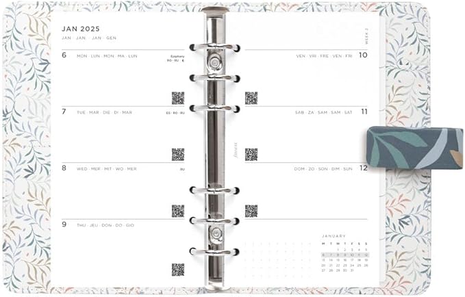 Filofax Botanical Organizer, Personal Size, Blue - Smooth, Leather-Look, Six Rings, Week-to-View Calendar Diary, Multilingual, 2025 (C022645-25)