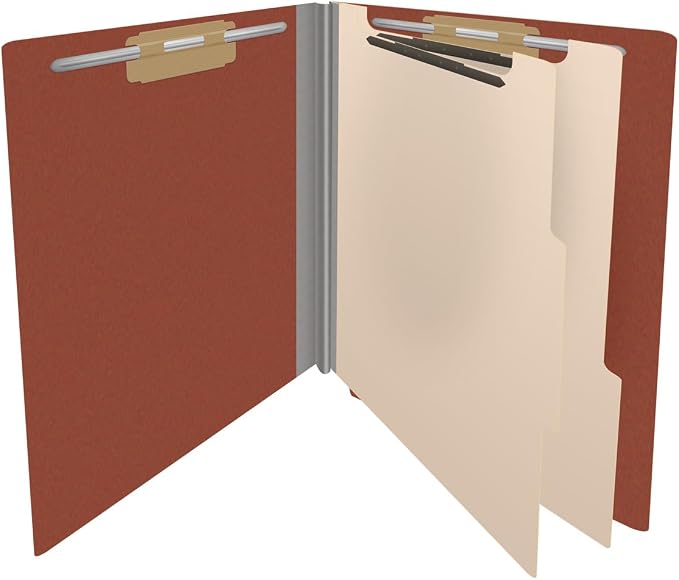 25 Pt. Pressboard Classification Folders, Full Cut End Tab, Letter Size, 2 Dividers, Brick Red (Box of 10)