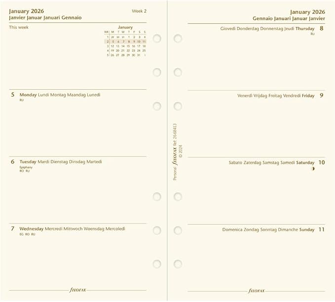 Filofax Calendar Diary Refill, Personal/Compact Size, Week-to-View, Cotton Cream Paper, Unruled, Multilingual: Five Languages, 2026 (C68413-26)