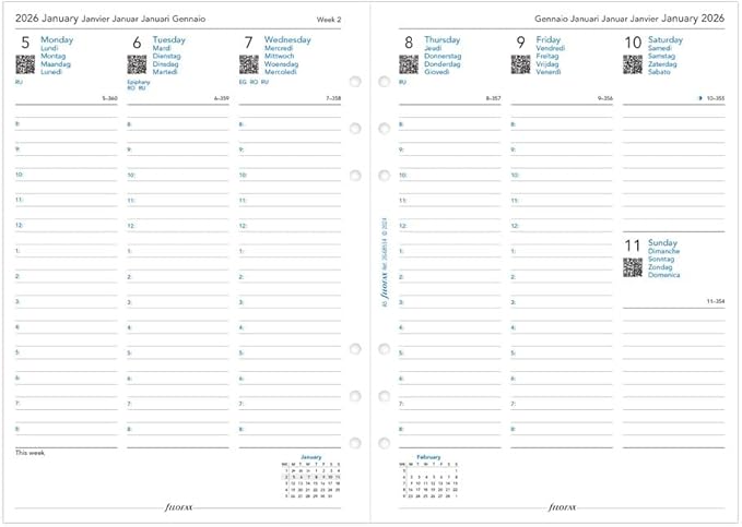Filofax Calendar Diary Refill, A5 Size, Week-to-View with Appointments, White Paper, Multilingual: Five Languages, 2026 (C68514-26)