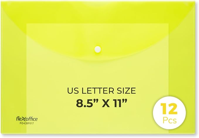 FLEXOFFICE 12 Pack Yellow Plastic Envelopes with Snap Closure, Legal Size, 15"x10.2", File Folders for A4 Size, Letter Documents for Business, School, Home