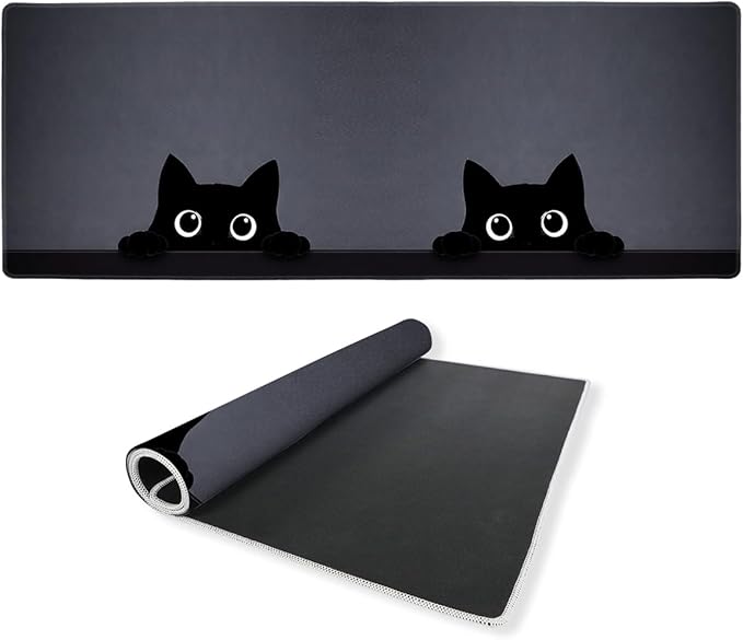 Kawaii Black Cats Desk Mat 35.4 x 15.7 Inches Minimal Black Cat.jpg Gaming Mouse Pad with Non-Slip Rubber Base, Smooth Cloth Surface Desk Keyboard Mat for Computer, PC, Laptop, Desktop