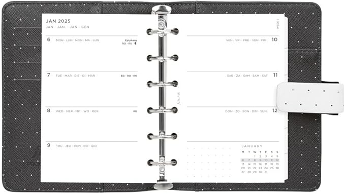 Filofax Moonlight Organizer, Pocket Size, White - Leather-Look, Gold Accents, Six Rings, Week-to-View Calendar Diary, Multilingual, 2025 (C022650-25)