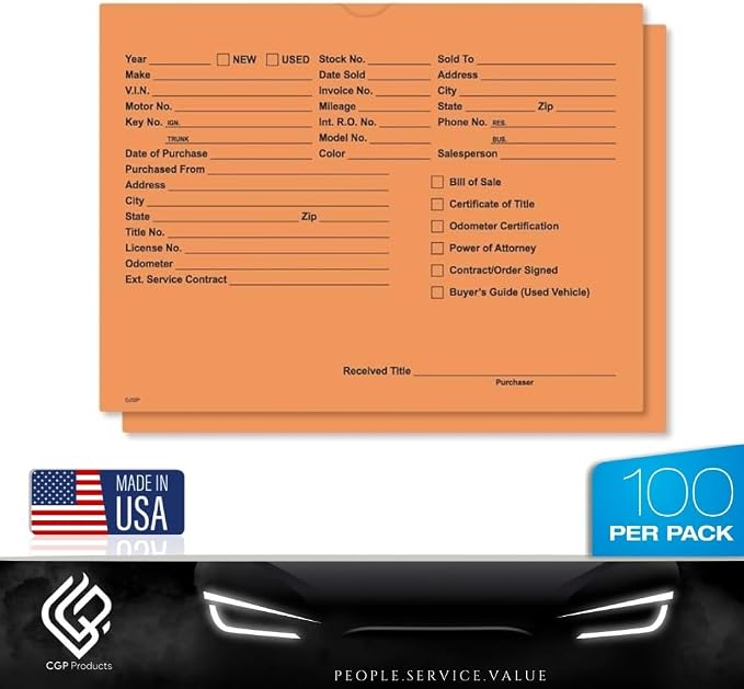 Printed Vehicle Deal Jackets Envelopes Folders for Auto Car Dealerships - 9x12 Size - Dealer Supplies - New and Used Cars - 100 Quantity (Salmon)