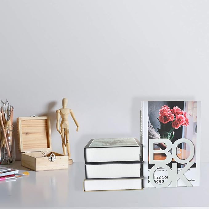 Book Ends - Decorative Metal Book Ends Supports for Bookrack Desk,Books, Unique Appearance Design,Heavy Duty (White, 4 Pair)