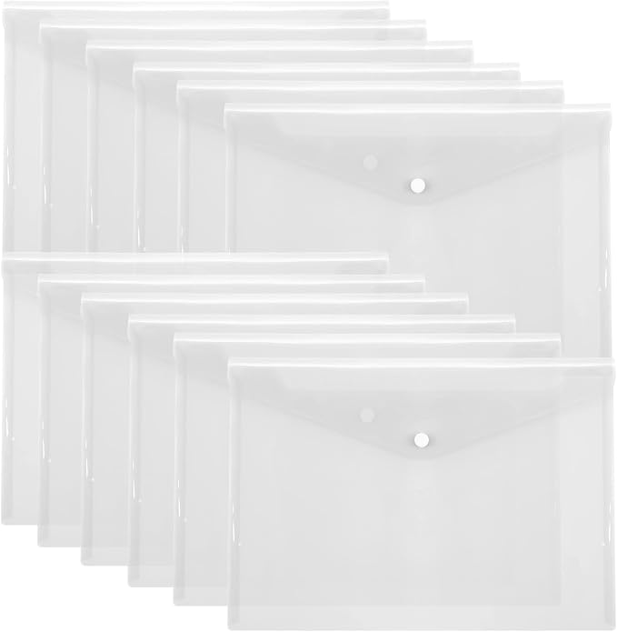 Toplive File Folders,12 Packs Plastic Envelopes Clear A5 Letter Size Waterproof Poly Envelopes Folders with Snap Closure for Office School Supplie