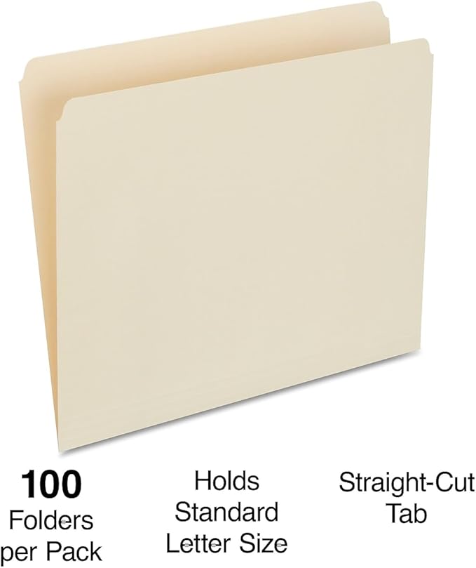 Staples Single‑Tab File Folders, Letter Size, Manila, Durable Paper Stock, 100/Box