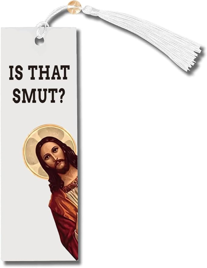 Bookmark Inscribed with Hilarious Text and Tassels for Book Lovers,Peeking Jesus is that Smut?Funny Bookmarks for Adults Humor(White-A)