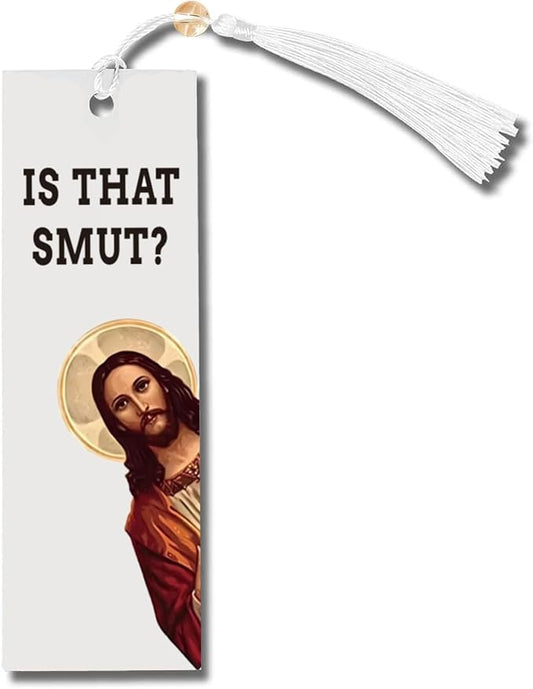 Bookmark Inscribed with Hilarious Text and Tassels for Book Lovers,Peeking Jesus is that Smut?Funny Bookmarks for Adults Humor(White-A)