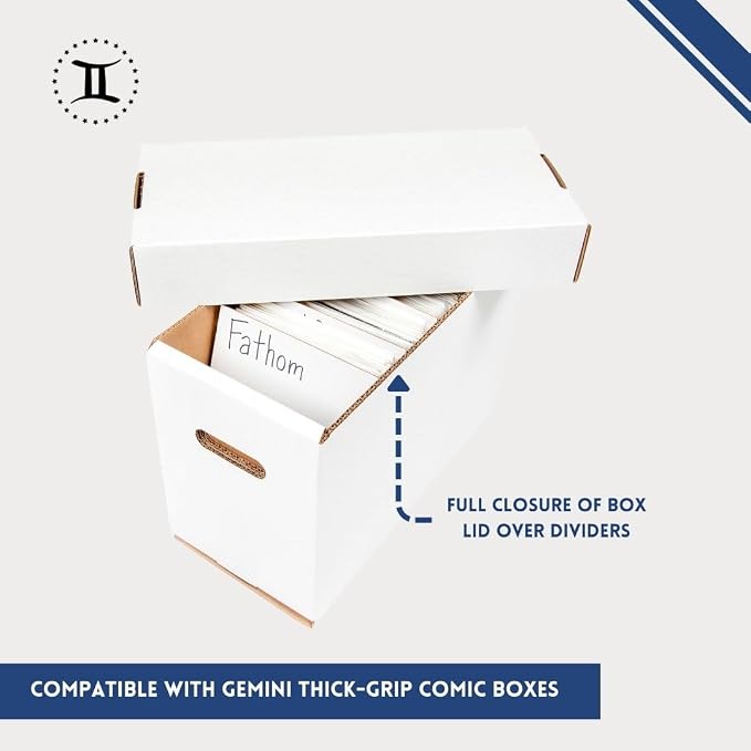 Thick-Grip Comic Book Storage Box — USA-Made, Holds 130-170 Comics, 250 LBs Strength Tested, No Glued Seams, Acid-free — Versatile Gemini Comic Book Box/Bin (1 Box with Lid + 50 Cardboard Dividers)