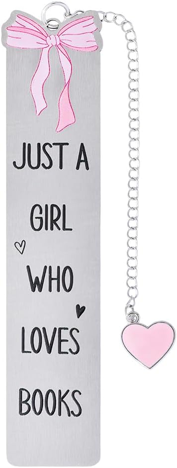 Pink Bowknot Stainless Steel Bookmark - Printed with Cute Bowknot Patterns & Equipped with Heart Pendants, Ideal for Female Readers, Perfect Birthday Gift for Girlfriends (Style A)
