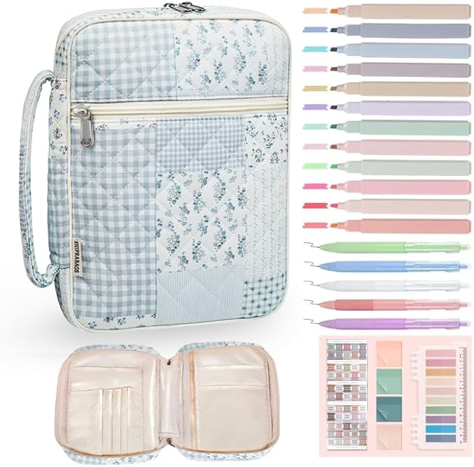 Quilted Bible Cover Case for Women with Bible Study Supplies Journaling Kit Floral Bible Bag Carrying Case with Pastel Highlighters Tabs, Women Christmas Christian Gifts (Green Blue Pin, M)
