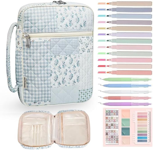 Quilted Bible Cover Case for Women with Bible Study Supplies Journaling Kit Floral Bible Bag Carrying Case with Pastel Highlighters Tabs, Women Christmas Christian Gifts (Green Blue Pin, M)