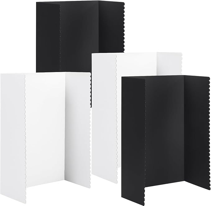 Mooliwe 4 Pack 48" X 36" Black White Trifold Poster Board, Large Tri Fold Boards Foldable Corrugated Presentation Display Scalloped Border for Science Fair, School Projects, Graduation Photo Display