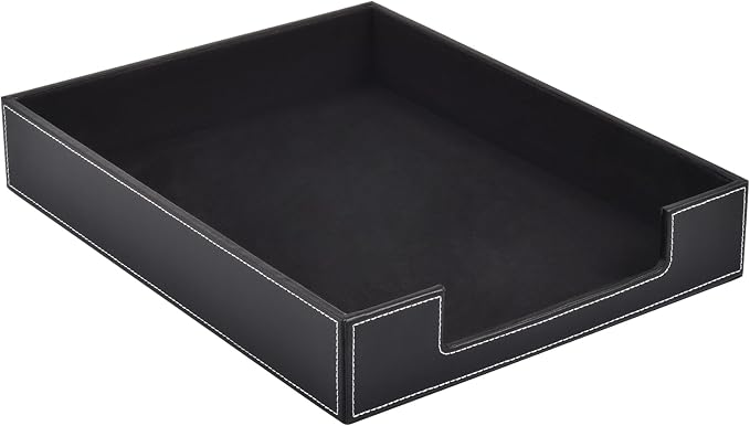 Leather 1-Layer Letter Tray Stackable File Document Tray,A4 Paper Case Rack Desk Office Supplies Organizer Holders,Desktop Organization, Pen Mail Magazine Storage Box(Black)