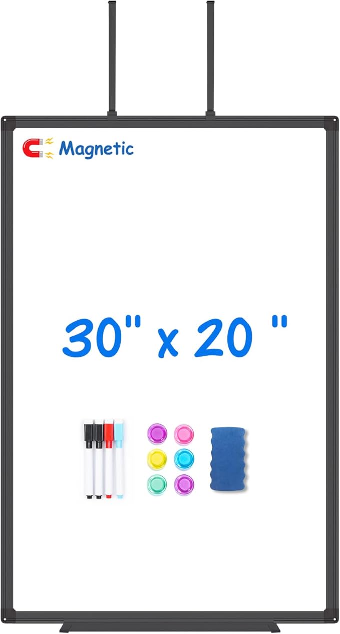 Magnetic Dry Erase Board for Doors, 30x20 Inch Whiteboard with Adjustable Long Arm Hook Mount - Easy to Install, Portable Hanging White Board for Home, Dorm Room, Office Cubicle & Small Spaces(Black)