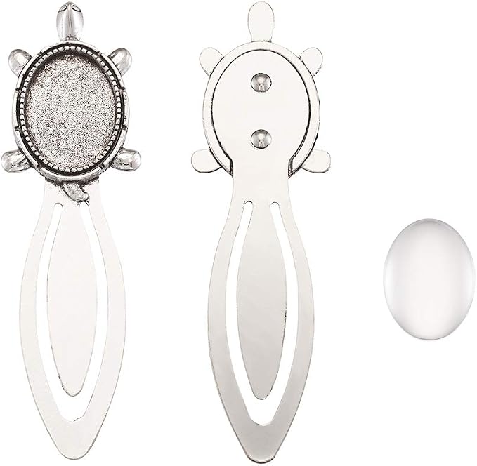 FASHEWELRY 20Pcs Antique Silver Bookmark Pendant Tray Kit Include 10Pcs 25x18mm Tortoise Oval Blank Bezel Base Setting Charms with 10Pcs Clear Glass Dome Tiles Cabochons