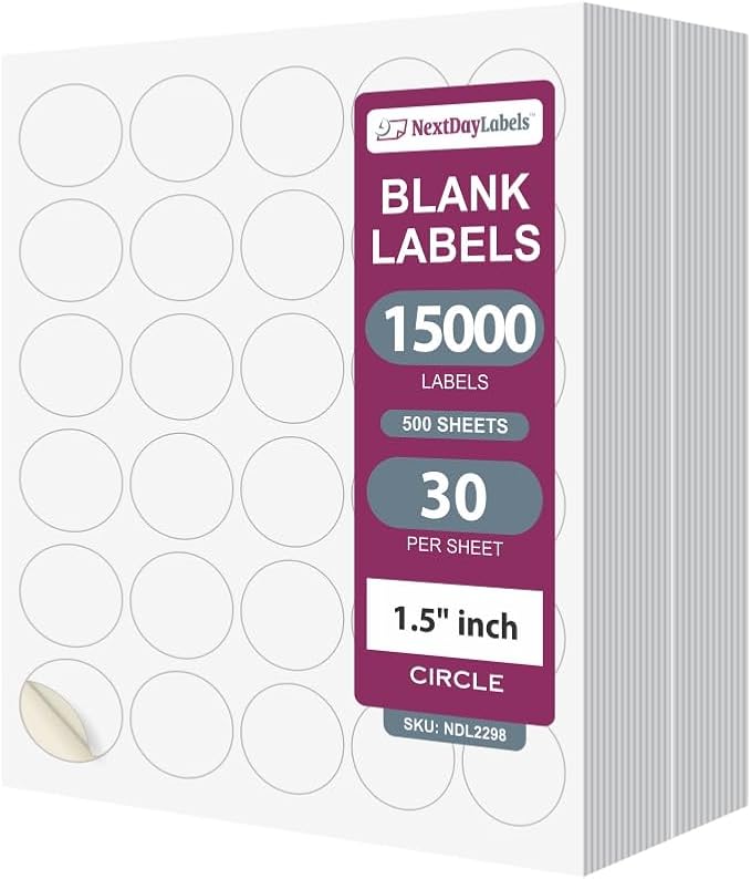 NextDayLabels 1.5 Inch Round Circle Stickers White Blank Labels for Laser Inkjet Printer - 30 Per Sheet Self-Adhesive Jar Candle Product Made in USA - 15,000 Labels